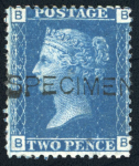 Stamp of Great Britain » 1854-70 Perforated Line Engraved GB 1858-76 2d blue with "SPECIMEN" type 8 overprint on pl.9, no gum, unlisted by S.G., and pl.14 mint o.g.