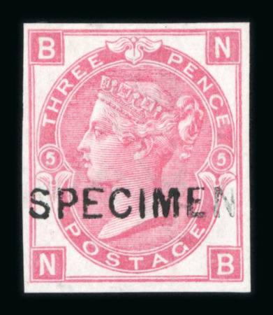 Stamp of Great Britain » 1855-1900 Surface Printed » 1867-80 Large Uncoloured Corner Letters, Wmk Spray of Rose 1867-80 3d rose pl.5 imperforate mint optd. SPECIMEN.