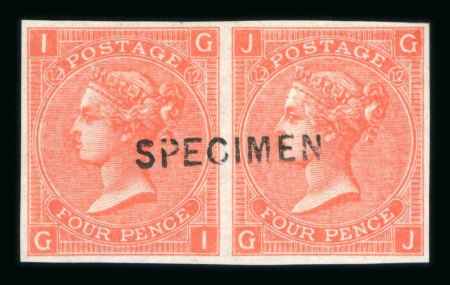 Stamp of Great Britain » 1855-1900 Surface Printed » 1865-67 Large Uncoloured Corner Letters, Wmk Large Garter & Emblems 1865-67 4d vermilion pl.12 in imperforate pair mint