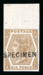 Stamp of Great Britain » 1855-1900 Surface Printed » 1867-80 Large Uncoloured Corner Letters, Wmk Spray of Rose 1872-73 6d chestnut pl.11 upper marginal imperforate