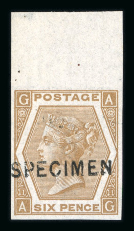 Stamp of Great Britain » 1855-1900 Surface Printed » 1867-80 Large Uncoloured Corner Letters, Wmk Spray of Rose 1872-73 6d chestnut pl.11 upper marginal imperforate