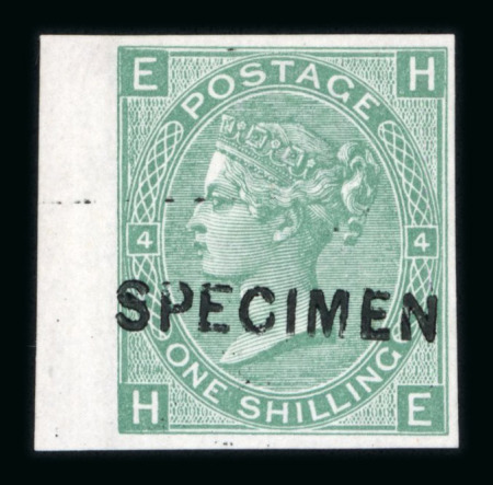 Stamp of Great Britain » 1855-1900 Surface Printed » 1867-80 Large Uncoloured Corner Letters, Wmk Spray of Rose 1867-80 1/- green pl.4 marginal imperforate mint optd.