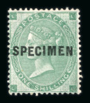 Stamp of Great Britain » 1855-1900 Surface Printed » 1862-64 Small Uncoloured Corner Letters 1862-4 1/- deep green mint optd. SPECIMEN (type 5),