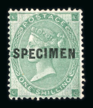 Stamp of Great Britain » 1855-1900 Surface Printed » 1862-64 Small Uncoloured Corner Letters 1862-4 1/- deep green mint optd. SPECIMEN (type 5),