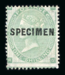 Stamp of Great Britain » 1855-1900 Surface Printed » 1862-64 Small Uncoloured Corner Letters GB 1862-4 1/- green with "SPECIMEN" type 5 overprint, mint without gum