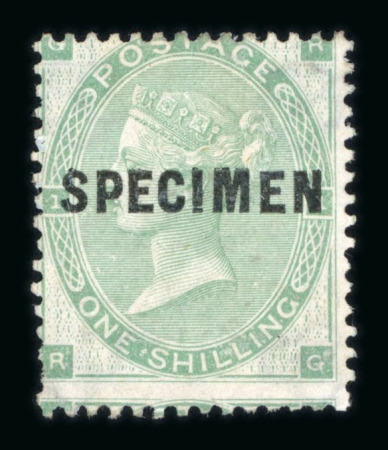 Stamp of Great Britain » 1855-1900 Surface Printed » 1862-64 Small Uncoloured Corner Letters GB 1862-4 1/- green with "SPECIMEN" type 5 overprint, mint without gum