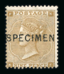 Stamp of Great Britain » 1855-1900 Surface Printed » 1862-64 Small Uncoloured Corner Letters 1862-4 9d bistre mint optd. SPECIMEN (type 6), centered