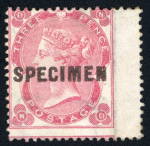Stamp of Great Britain » 1855-1900 Surface Printed » 1862-64 Small Uncoloured Corner Letters GB 1862-64 3d pale carmine and 3d bright carmine with "SPECIMEN" type 5 overprints