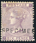 Stamp of Great Britain » 1855-1900 Surface Printed » 1862-64 Small Uncoloured Corner Letters 1862-64 6d lilac mint, 2 examples optd. SPECIMEN types