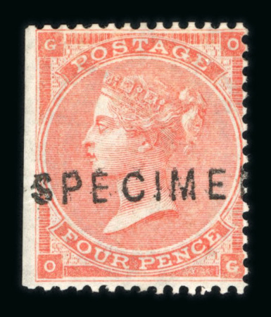 Stamp of Great Britain » 1855-1900 Surface Printed » 1862-64 Small Uncoloured Corner Letters GB 1862-64 4d bright red with (TA) and without hair lines (OG) with "SPECIMEN" type 2 overprint