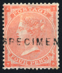 Stamp of Great Britain » 1855-1900 Surface Printed » 1862-64 Small Uncoloured Corner Letters GB 1862-64 4d bright red with (TA) and without hair lines (OG) with "SPECIMEN" type 2 overprint