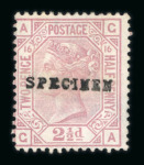 Stamp of Great Britain » 1855-1900 Surface Printed » 1873-80 Large Coloured Corner Letters 1873-80 2 1/2d rosy mauve pl.1 with "SPECIMEN" type 8 and plates 5, 6, 7, 10 and 16 with "SPECIMEN" type 9 overprint