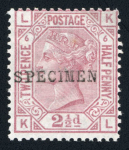 Stamp of Great Britain » 1855-1900 Surface Printed » 1873-80 Large Coloured Corner Letters 1873-80 2 1/2d rosy mauve pl.1 with "SPECIMEN" type 8 and plates 5, 6, 7, 10 and 16 with "SPECIMEN" type 9 overprint