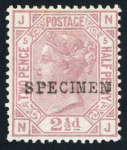 Stamp of Great Britain » 1855-1900 Surface Printed » 1873-80 Large Coloured Corner Letters 1873-80 2 1/2d rosy mauve pl.1 with "SPECIMEN" type 8 and plates 5, 6, 7, 10 and 16 with "SPECIMEN" type 9 overprint