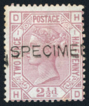 Stamp of Great Britain » 1855-1900 Surface Printed » 1873-80 Large Coloured Corner Letters 1873-80 2 1/2d rosy mauve pl.1 with "SPECIMEN" type 8 and plates 5, 6, 7, 10 and 16 with "SPECIMEN" type 9 overprint