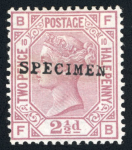 Stamp of Great Britain » 1855-1900 Surface Printed » 1873-80 Large Coloured Corner Letters 1873-80 2 1/2d rosy mauve pl.1 with "SPECIMEN" type 8 and plates 5, 6, 7, 10 and 16 with "SPECIMEN" type 9 overprint