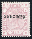 Stamp of Great Britain » 1855-1900 Surface Printed » 1873-80 Large Coloured Corner Letters 1873-80 2 1/2d rosy mauve pl.1 with "SPECIMEN" type 8 and plates 5, 6, 7, 10 and 16 with "SPECIMEN" type 9 overprint