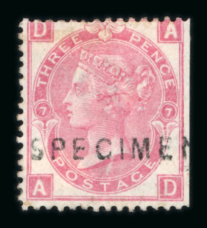 Stamp of Great Britain » 1855-1900 Surface Printed » 1867-80 Large Uncoloured Corner Letters, Wmk Spray of Rose 1867-80 3d rose pl.5, 6 and 8 (2) optd. SPECIMEN (type