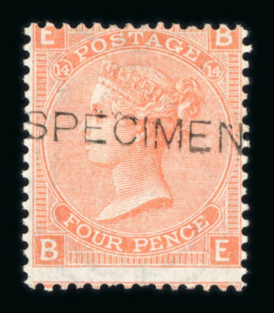 Stamp of Great Britain » 1855-1900 Surface Printed » 1865-67 Large Uncoloured Corner Letters, Wmk Large Garter & Emblems 1865-67 4d vermilion pl.14 both the dull vermilion