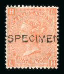 Stamp of Great Britain » 1855-1900 Surface Printed » 1865-67 Large Uncoloured Corner Letters, Wmk Large Garter & Emblems 1865-67 4d vermilion pl.14 both the dull vermilion