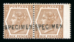 Stamp of Great Britain » 1855-1900 Surface Printed » 1867-80 Large Uncoloured Corner Letters, Wmk Spray of Rose 1872-73 6d chestnut pl.11 in mint pair optd. SPECIMEN.