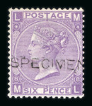 Stamp of Great Britain » 1855-1900 Surface Printed » 1867-80 Large Uncoloured Corner Letters, Wmk Spray of Rose 1867-80 6d mauve pl.8 and pl.9 mint optd. SPECIMEN