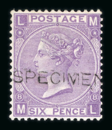 Stamp of Great Britain » 1855-1900 Surface Printed » 1867-80 Large Uncoloured Corner Letters, Wmk Spray of Rose 1867-80 6d mauve pl.8 and pl.9 mint optd. SPECIMEN