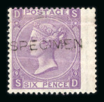 Stamp of Great Britain » 1855-1900 Surface Printed » 1867-80 Large Uncoloured Corner Letters, Wmk Spray of Rose 1867-80 6d mauve pl.8 and pl.9 mint optd. SPECIMEN