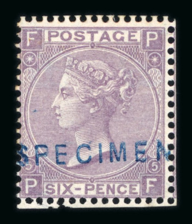Stamp of Great Britain » 1855-1900 Surface Printed » 1865-67 Large Uncoloured Corner Letters, Wmk Large Garter & Emblems 1865-67 6d lilac pl.5 mint optd. SPECIMEN in blue,