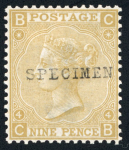 Stamp of Great Britain » 1855-1900 Surface Printed » 1867-80 Large Uncoloured Corner Letters, Wmk Spray of Rose 1867-80 9d straw group of four mint examples optd.