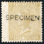 Stamp of Great Britain » 1855-1900 Surface Printed » 1867-80 Large Uncoloured Corner Letters, Wmk Spray of Rose 1867-80 9d straw group of four mint examples optd.