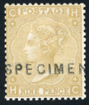 Stamp of Great Britain » 1855-1900 Surface Printed » 1867-80 Large Uncoloured Corner Letters, Wmk Spray of Rose 1867-80 9d straw group of four mint examples optd.