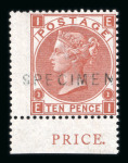 Stamp of Great Britain » 1855-1900 Surface Printed » 1867-80 Large Uncoloured Corner Letters, Wmk Spray of Rose GB 1867-80 10d red-brown with SPECIMEN type 2 overprint in lower marginal with 'PRICE' inscription
