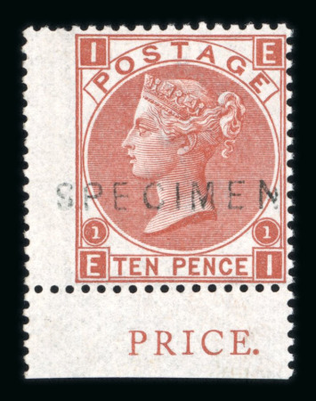 Stamp of Great Britain » 1855-1900 Surface Printed » 1867-80 Large Uncoloured Corner Letters, Wmk Spray of Rose GB 1867-80 10d red-brown with SPECIMEN type 2 overprint in lower marginal with 'PRICE' inscription