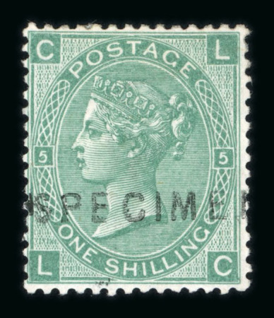 Stamp of Great Britain » 1855-1900 Surface Printed » 1867-80 Large Uncoloured Corner Letters, Wmk Spray of Rose GB 1867-80 1/- deep green pl.5 with "SPECIMEN" type 2 overprint