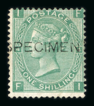 Stamp of Great Britain » 1855-1900 Surface Printed » 1867-80 Large Uncoloured Corner Letters, Wmk Spray of Rose 1867-80 1/- green pl.4, 5 and 6 mint, each with optd.