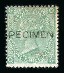 Stamp of Great Britain » 1855-1900 Surface Printed » 1867-80 Large Uncoloured Corner Letters, Wmk Spray of Rose 1867-80 1/- green pl.4, 5 and 6 mint, each with optd.