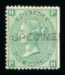 Stamp of Great Britain » 1855-1900 Surface Printed » 1867-80 Large Uncoloured Corner Letters, Wmk Spray of Rose 1867-80 1/- green pl.4, 5 and 6 mint, each with optd.