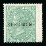Stamp of Great Britain » 1855-1900 Surface Printed » 1867-80 Large Uncoloured Corner Letters, Wmk Spray of Rose 1867-80 1/- green pl.5 and pl.7 mint, each optd. SPECIMEN