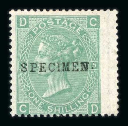 Stamp of Great Britain » 1855-1900 Surface Printed » 1867-80 Large Uncoloured Corner Letters, Wmk Spray of Rose 1867-80 1/- green pl.5 and pl.7 mint, each optd. SPECIMEN