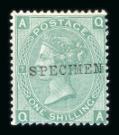 Stamp of Great Britain » 1855-1900 Surface Printed » 1867-80 Large Uncoloured Corner Letters, Wmk Spray of Rose 1867-80 1/- green pl.5 and pl.7 mint, each optd. SPECIMEN