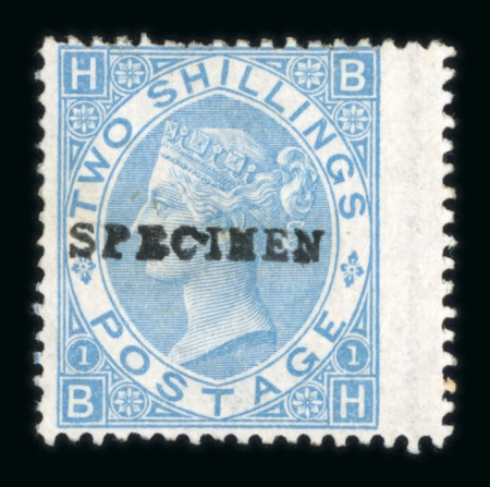 Stamp of Great Britain » 1855-1900 Surface Printed » 1867-80 Large Uncoloured Corner Letters, Wmk Spray of Rose 1867-80 2/- deep blue mint wing marginal example optd.