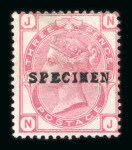 Stamp of Great Britain » 1855-1900 Surface Printed » 1873-80 Large Coloured Corner Letters GB 1873-80 3d rose pl.17 with "SPECIMEN" type 8 mint o.g. (perf. fault), and "SPECIMEN" type 9 on pl.18 and pl.19