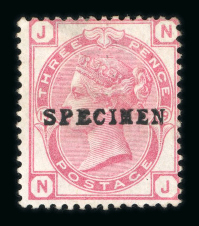 Stamp of Great Britain » 1855-1900 Surface Printed » 1873-80 Large Coloured Corner Letters GB 1873-80 3d rose pl.17 with "SPECIMEN" type 8 mint o.g. (perf. fault), and "SPECIMEN" type 9 on pl.18 and pl.19