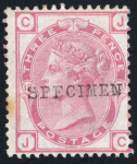 Stamp of Great Britain » 1855-1900 Surface Printed » 1873-80 Large Coloured Corner Letters GB 1873-80 3d rose pl.17 with "SPECIMEN" type 8 mint o.g. (perf. fault), and "SPECIMEN" type 9 on pl.18 and pl.19