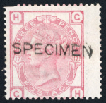 Stamp of Great Britain » 1855-1900 Surface Printed » 1873-80 Large Coloured Corner Letters GB 1873-80 3d rose pl.17 with "SPECIMEN" type 8 mint o.g. (perf. fault), and "SPECIMEN" type 9 on pl.18 and pl.19