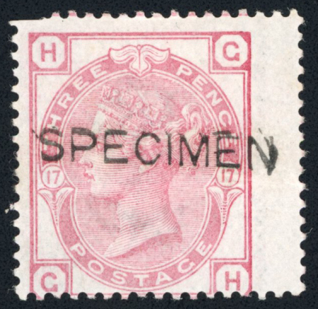 Stamp of Great Britain » 1855-1900 Surface Printed » 1873-80 Large Coloured Corner Letters GB 1873-80 3d rose pl.17 with "SPECIMEN" type 8 mint o.g. (perf. fault), and "SPECIMEN" type 9 on pl.18 and pl.19