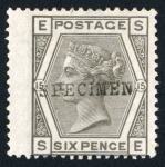 Stamp of Great Britain » 1855-1900 Surface Printed » 1873-80 Large Coloured Corner Letters GB 1873-80 6d grey optd. SPECIMEN with pl.14 type 8, pl.15 type 9 and pl. 16 type 9