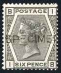 Stamp of Great Britain » 1855-1900 Surface Printed » 1873-80 Large Coloured Corner Letters GB 1873-80 6d grey optd. SPECIMEN with pl.14 type 8, pl.15 type 9 and pl. 16 type 9