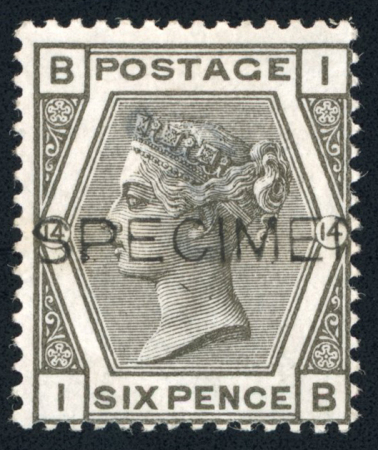 Stamp of Great Britain » 1855-1900 Surface Printed » 1873-80 Large Coloured Corner Letters GB 1873-80 6d grey optd. SPECIMEN with pl.14 type 8, pl.15 type 9 and pl. 16 type 9